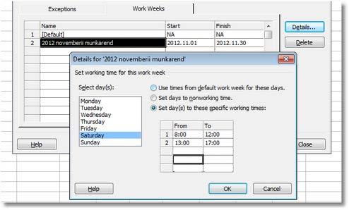 A Work Weeks lapon a munkahetek napjainak munkarendjét tudjuk meghatározni. Projektnaptár: meghatározza a munkával tölthető időket és szabadidőket.