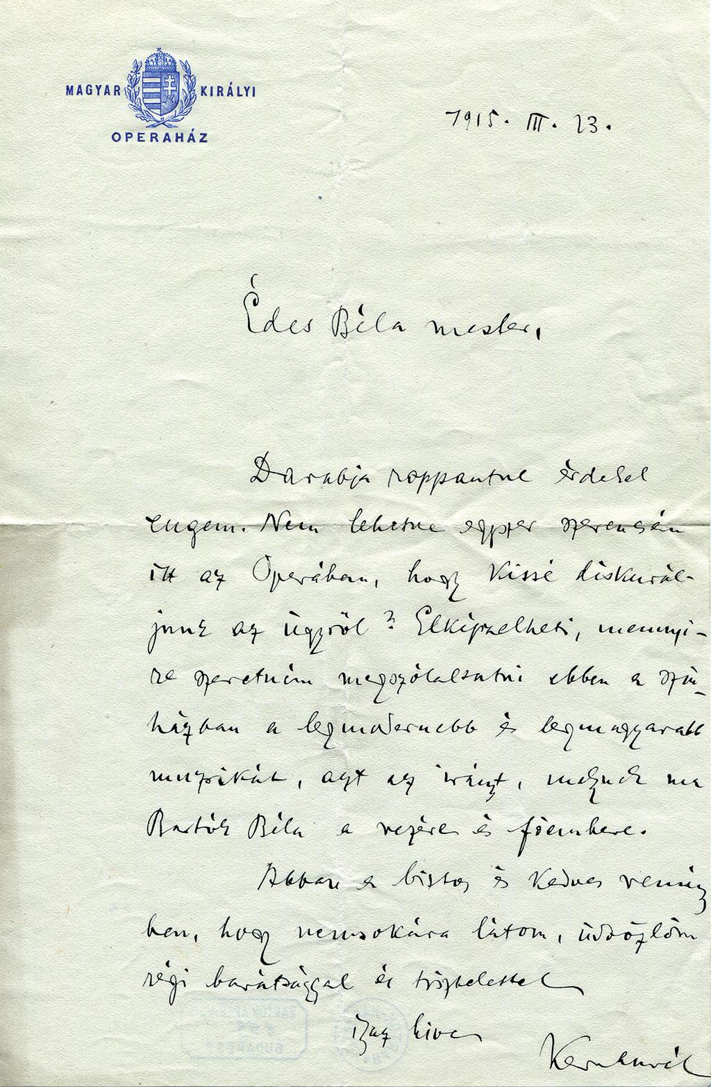 Kern Aurél levele Bartók Bélának, 1915. március 23.