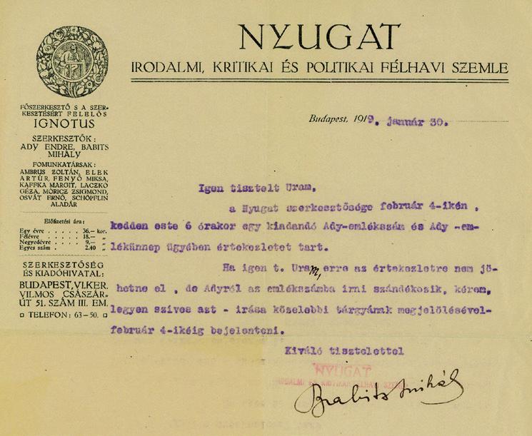 7 April 1916 Függelék/Appendix 98 Babits Mihály hivatalos levele Bartóknak. 1919. január 30. Official letter by Mihály Babits to Bartók.