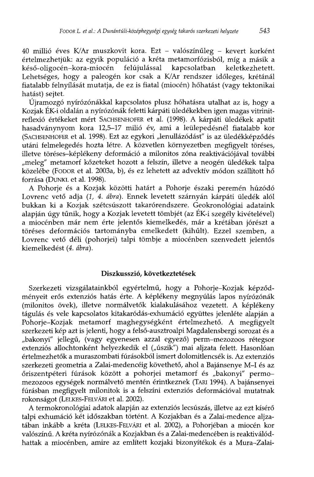 FODOR L. et al: A Dunántúli-középhegységi egység takarás szerkezeti helyzete 543 40 millió éves K/Ar muszkovit kora.