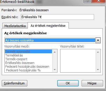 6. A százalékos értékeket úgy adhatja meg, hogy az egér jobb gombjával az Összeg/Értékesítés összesen2 cellára