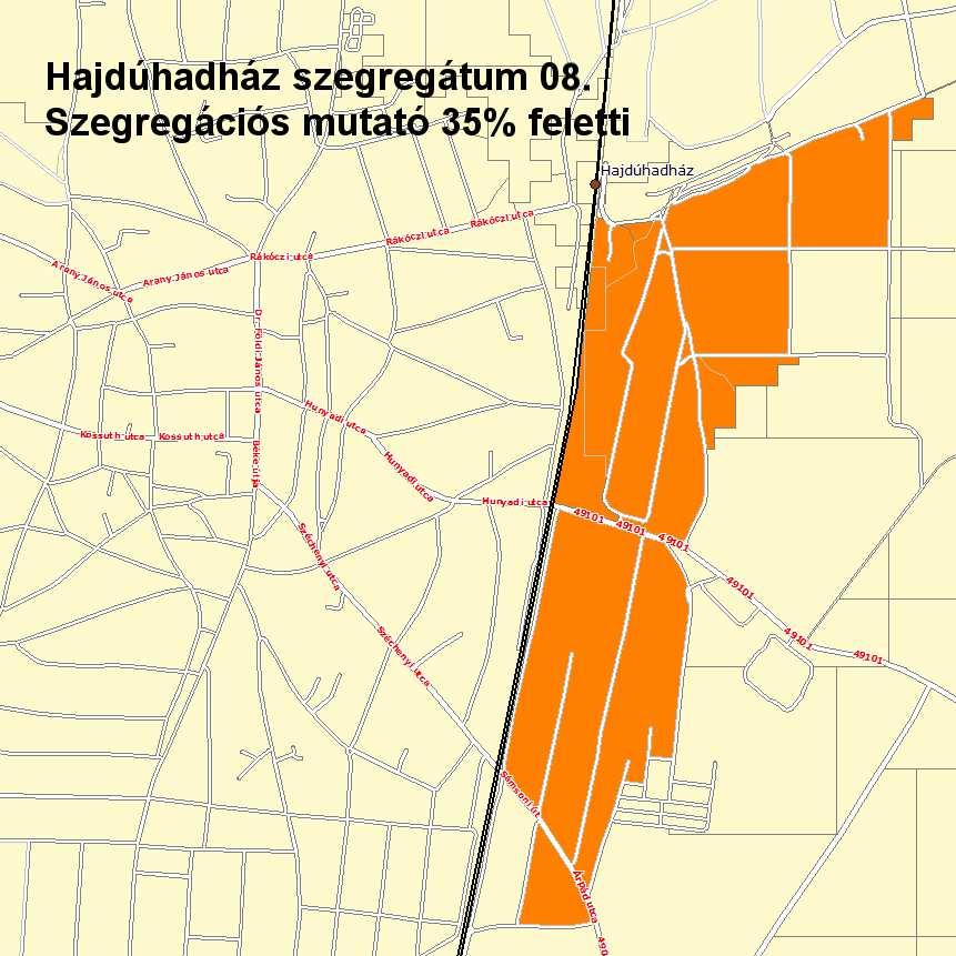 STRATÉGIA 53 A 8. szegregátum Hajdúhadház legnagyobb kiterjedésű és legnagyobb népességszámú szegregátuma. A terület lakónépessége 1475 fő, ami Hajdúhadház népességének 11,72%- a. A szegregátum a 7.