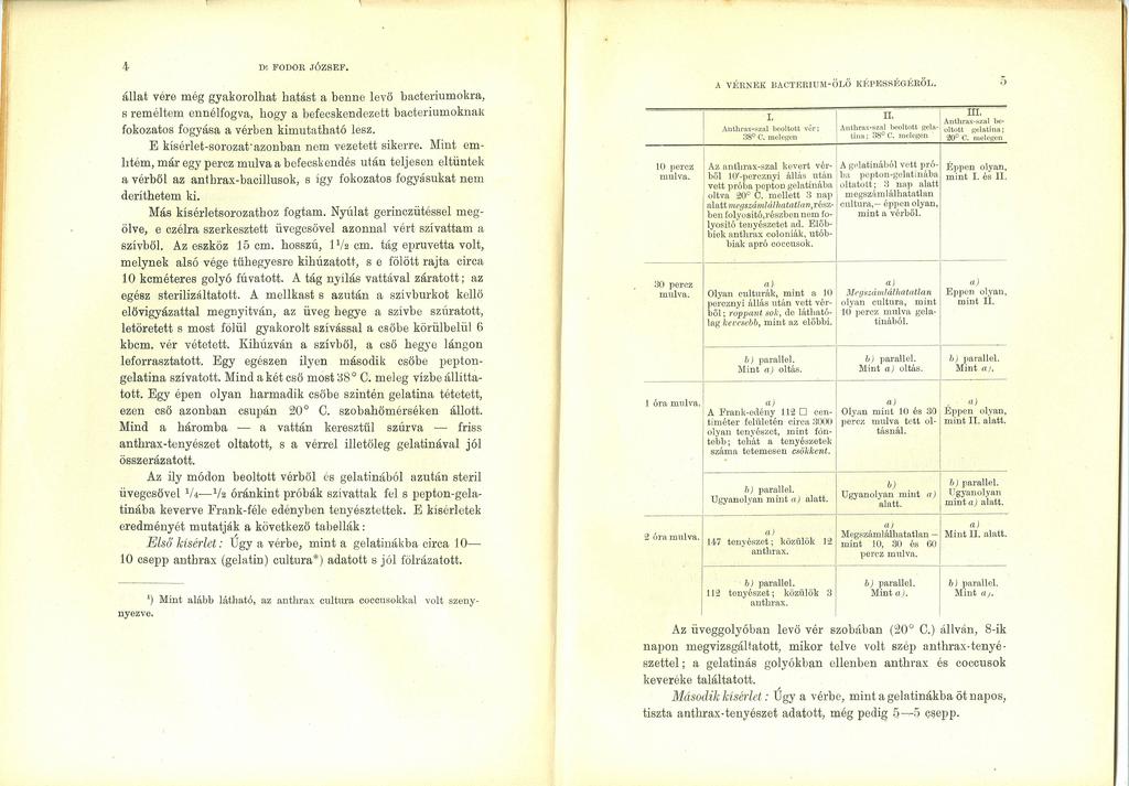 4 Df FODOR JÓZSEF. A VÉRNEK állat vére még gyakorolhat hatást a benne levő bacteriumokra s reméltem ennélfogva hogy a befecskendezett bacteriumoknaj{ fokozatos fogyása a vérben kimutatható lesz.