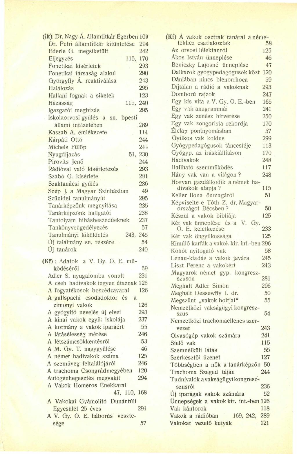 (ik): Dr. Nagy Á. államtitkár Egerben 109 Dr. Petri államtitkár kitüntetése 294 Ederle G. megsiketült 242 Eljegyzés 115, 170 Fonetikai kísérletek, 293 Fonetikai társaság alakul 290 Györgyffy Á.