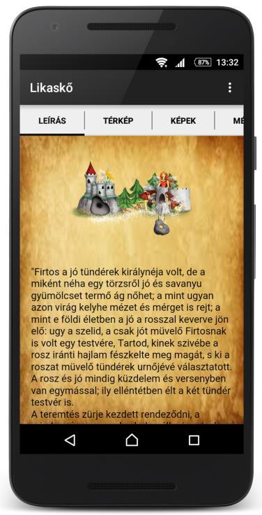 6. ábra: Leírás-, Térkép-, Képek-, Média nézet A Térkép menüpont kiválasztása után a legendák helyszíneit POI-k jelölik.