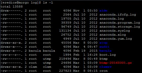 A fenti példában a log könyvtárban adtuk ki az ls -l parancsot. Látszik, hogy a legtöbb fájlnak a root felhasználó (3. oszlop) és az azonos nevű root csoport (4.