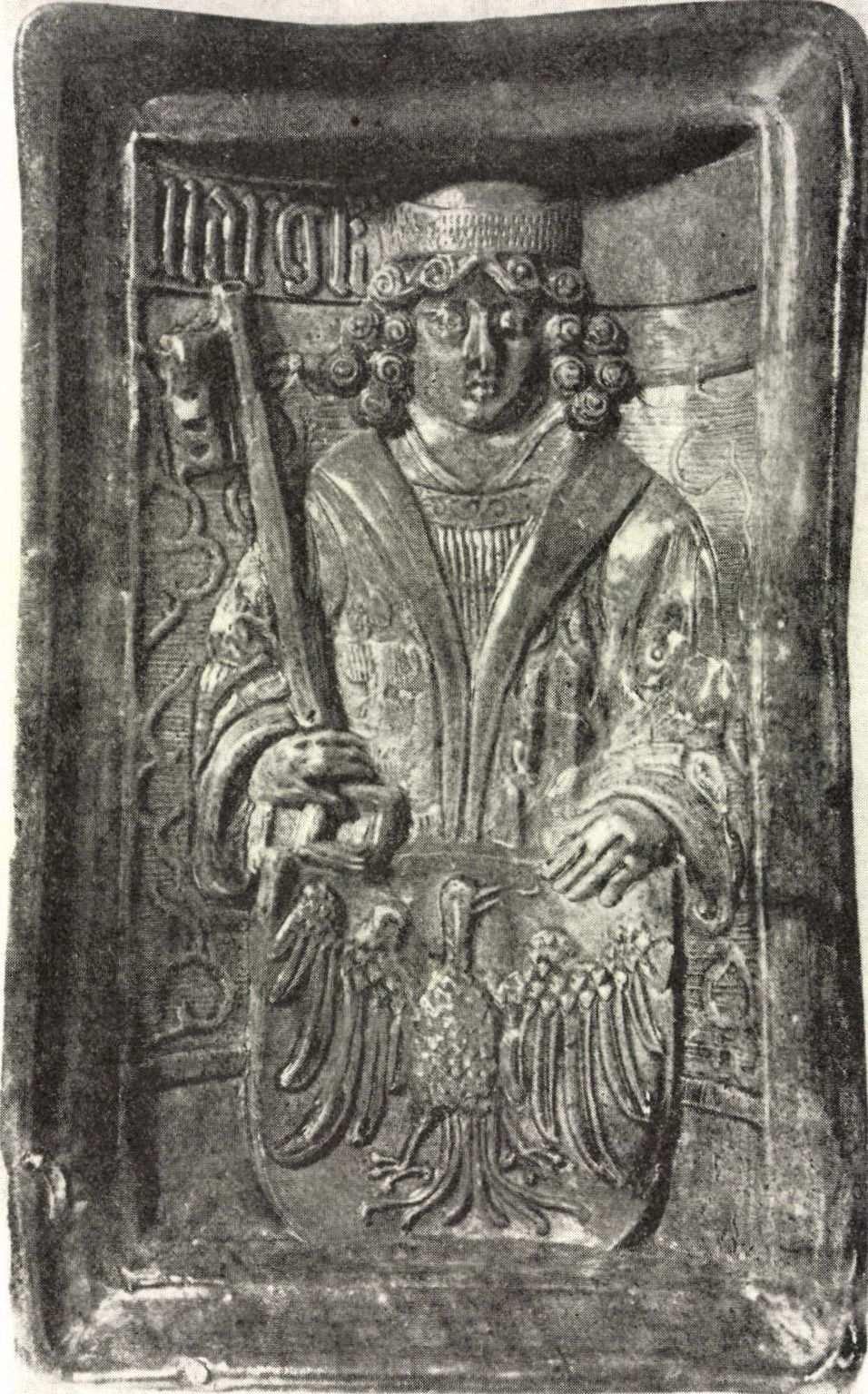 Grünglasierte Ofenkachel mit der Gestalt des brandenburgischen Kurfürsten. Norddeutsche Werkstatt. um 1470/1480. (Historisches Museum der Stadt Budapest, Burgmuseum) Halberstadtból (É Németo.