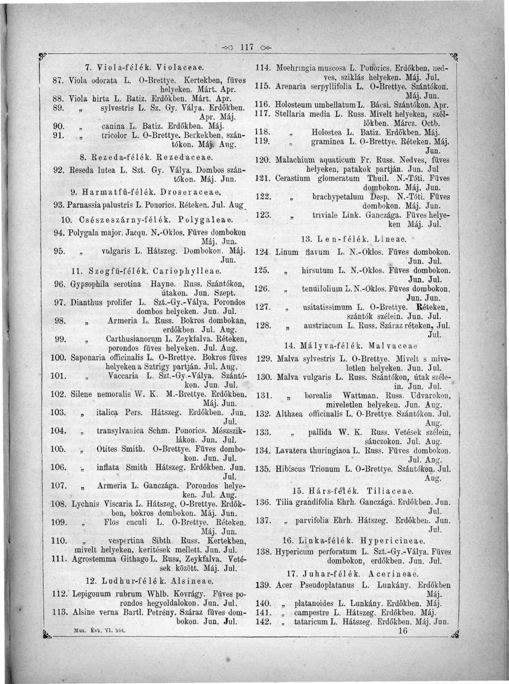 -oö 11 y. - _ 7. Vioía-félék. Violaceae. 87. Viola odorata L. 0-Brettye. Kertekben, füves helyeken. Márt. Apr. 88. Viola hirta L. Batiz. Erdőkben. Márt. Apr. 89. sylvestris L. Sz. Gy. Válya. Erdőkben. Apr. Máj.