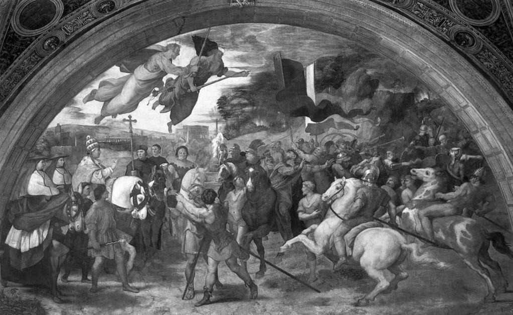 Mindeneset- re érdemes megfigyelni az alábbi két képet, hogy a Képes Krónika ábrázolása (Kálti Márk) és a Raffaello festménye között eltelt több mint száz év alatt, hogyan változott meg találkozásuk