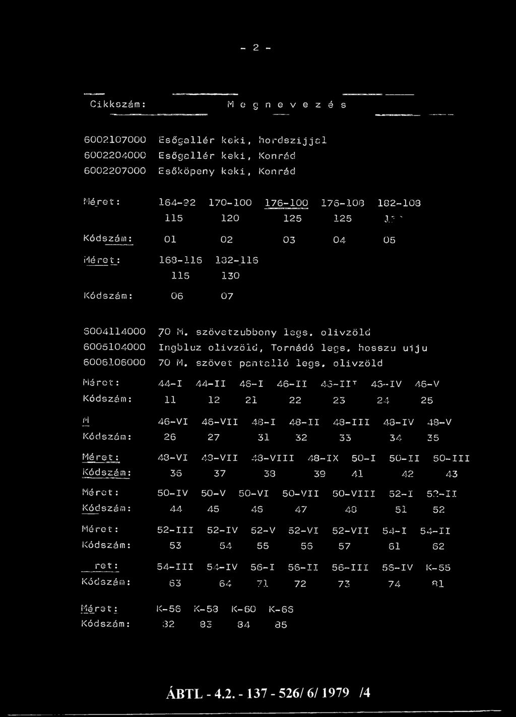 26 27 31 32 33 34 35 Méret: 48-VI 43-VII 43-VIII 48-IX 50-1 50-11 50-III 36 37 33 39 41 42 43 Mére t : 50-IV 50-V 50-VI 50-VII 50-VIII 52-1 52-11 Kód sz á m : 44