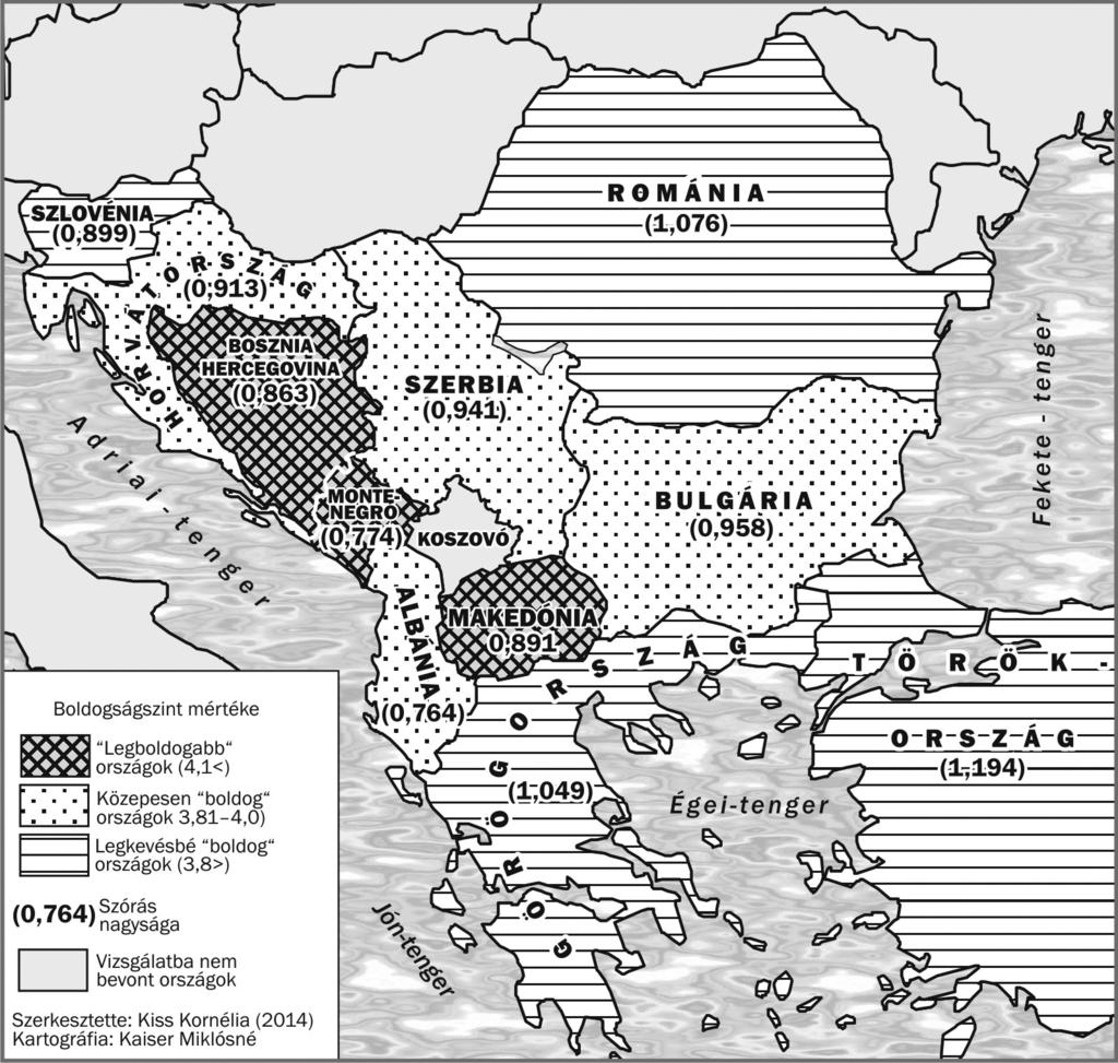 1. ábra A vizsgált régió országainak szubjektív életminősége Figure 1 Subjective wellbeing in the investigated countries Forrás: Balkán kvantitatív kutatás (2014) alapján saját szerkesztés, grafika: