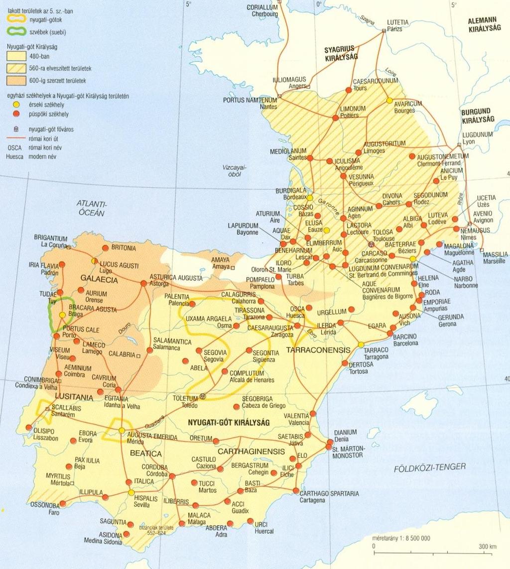 vereség a római + hun seregtől Toulouse mellett (Aëtius) / 476-tól: Eurich