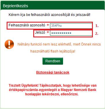 3. ábra: e-befektetés szolgáltatás bejelentkező képernyő A bejelentkezési folyamat második szakaszában (4.