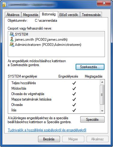 Felkészülés a használatra > Felkészülés dokumentum küldésére számítógépen lévő megosztott mappába 8 Ellenőrizze a beállított adatokat a [Biztonság] fülön. 4 1 2 3 1 Válassza a [Biztonság] fület.