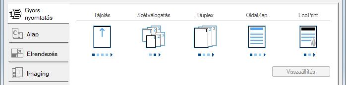 Printing System Driver User Guide 1 3 2 Szám Leírás 1 [Gyors nyomtatás] fül Olyan ikonokat biztosít, amelyek segítségével egyszerűen konfigurálhatók a gyakran használt funkciók.