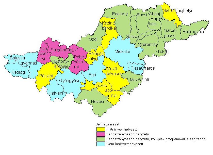 z Észak-magyarországi régió kistérségei 2,90-es határértéknek tekintett komplex mutató alapján a régió 28 kistérségének háromnegyede tartozik a kedvezményezett csoportba.