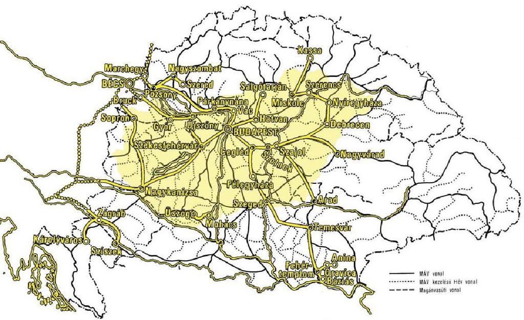 A Dél-Dunántúl vasúthálózatának regionális hatása 1. ábra: Magyarország vasúthálózata 1867-ben (sárga) és 1914-ben, a mai határok feltüntetésével Forrás: Czére B. 1989, p. 90. A 19.
