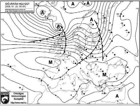 2. ábra: Szinoptikus időjárási helyzet az atlanti-európai térségben a) 2008. január 25-én 00 UTC-kor és b) 2008. január 27-én 00 UTC-kor.