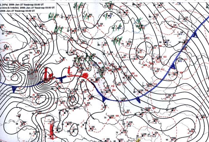 Magyarországi helyzetkép: 27-én 00 UTC-kor a már említett hidegfront elérte északi határainkat, és 03 UTC-re a front főként keleti szakasza