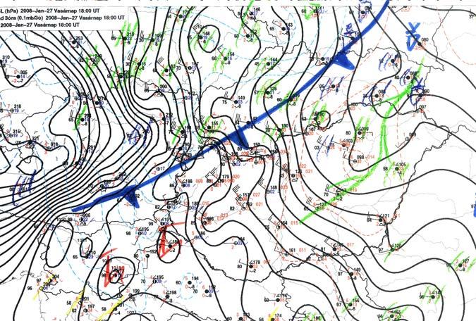 9. ábra: 18 UTC-s helyzetkép a Kárpát-medencében 2008. január 27-én A szélvihar az esti órákban tetőzött, még a hidegfront újabb hulláma előtt.
