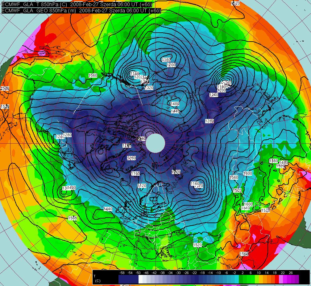 2. b) ábra: A 850 hpa magassági mezeje (folytonos vonalak) és a hőmérséklete 2008.02.27.