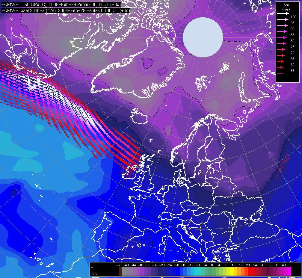 2. c) ábra: Az 500 hpa-os szint hőmérséklete és a 300 hpa-os szélsebesség (50 m/s feletti értékek