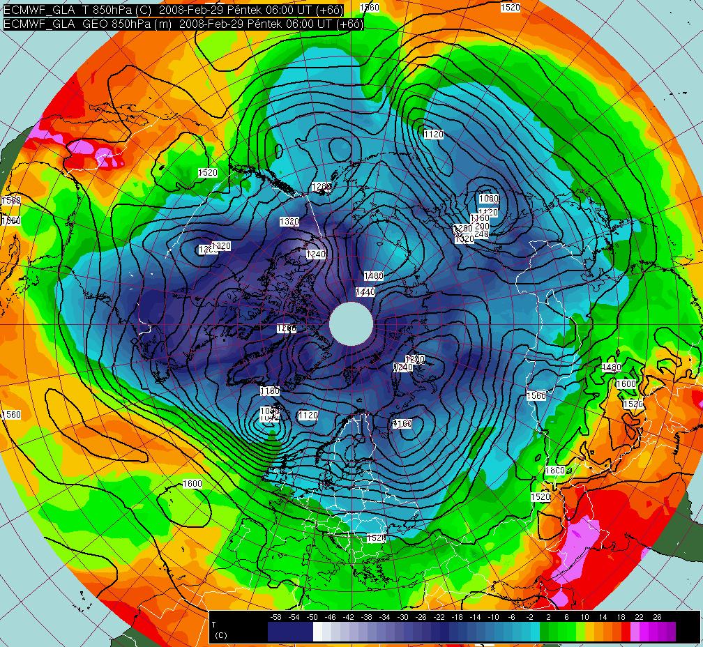 2. d) ábra: A 850 hpa magassági mezeje (folytonos vonalak) és a hőmérséklete 2008.02.29. 06 UTC-kor az ECMWF analízis alapján.