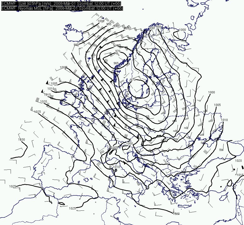 3. b) ábra: Tengerszinti légnyomás és 925 hpa-os szélmező 2008.03.01.