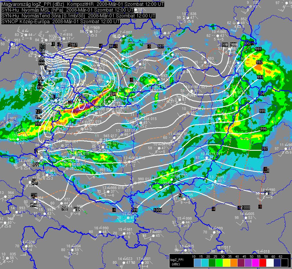 6. a) ábra: Országos, kompozit radarkép, a tengerszinti légnyomás és a