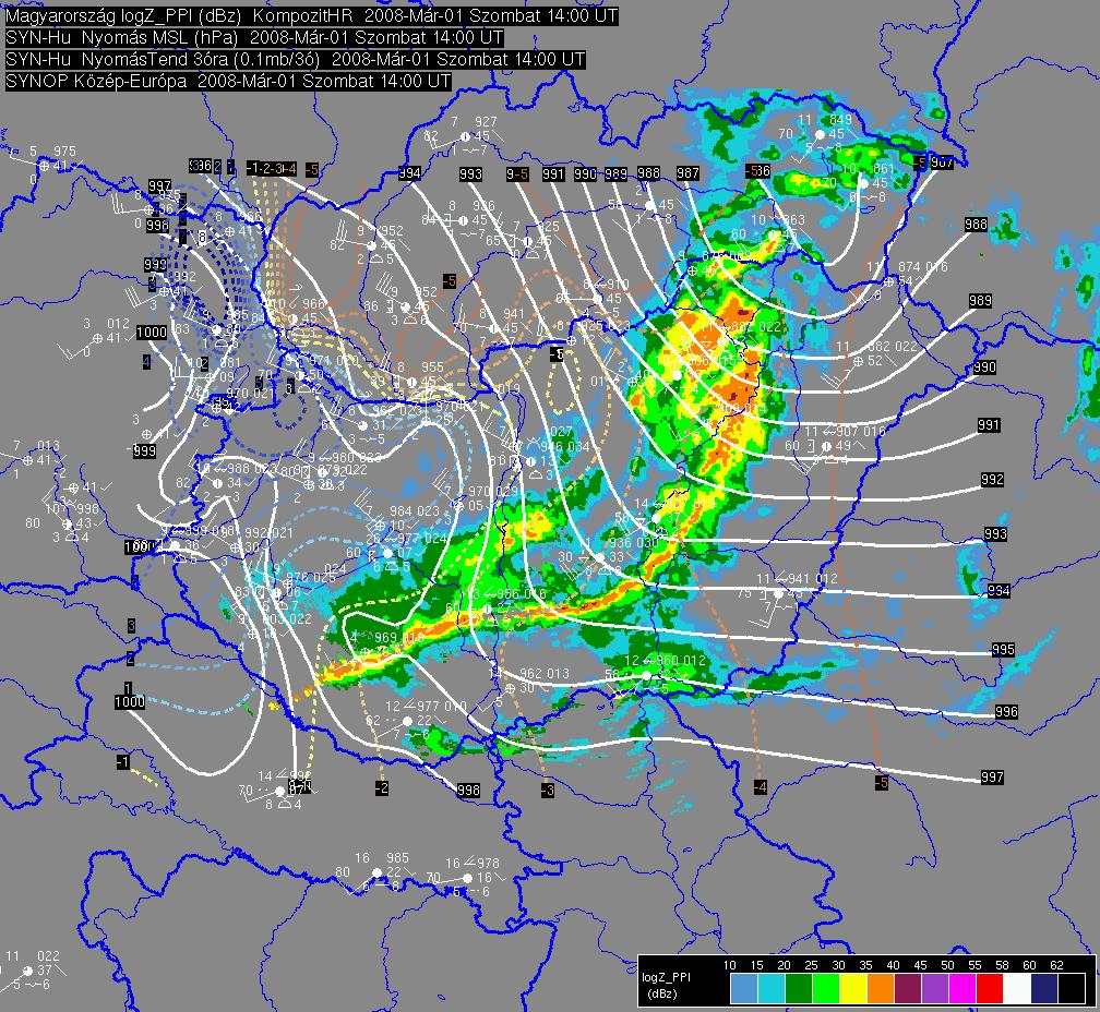 6. c) ábra: Országos, kompozit radarkép, a tengerszinti légnyomás és a