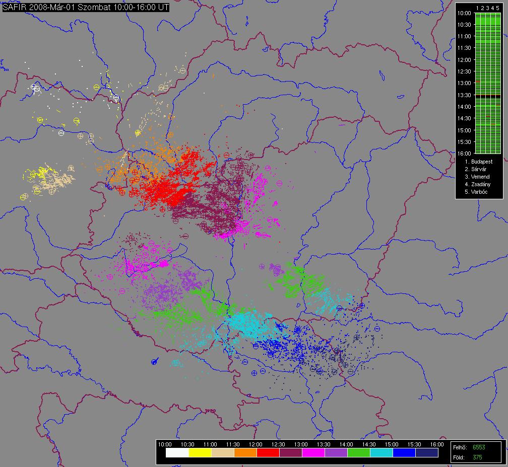 7. ábra: A villámlokalizációs rendszer (SAFIR) mérései 10 és 16 UTC között. A viszonylag kis arányban (6 %) megjelent lecsapó villámokat körök jelölik.