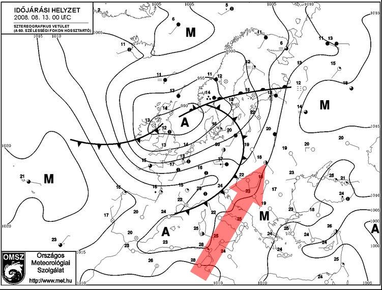 2008. augusztus 13-15. A szóban forgó időszakban, illetve azt megelőzően egy tartósan fennmaradó áramlási helyzetben Észak-Afrika felől forró és száraz levegő érkezett a Kárpát-medence fölé (9. ábra).