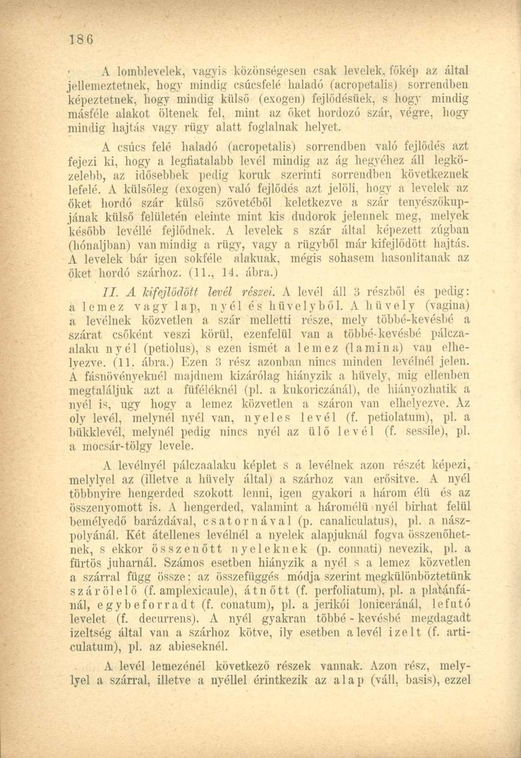 A lomblevelek, vagyis közönségesen csak levelek, főkép az által jellemeztetnek, hogy mindig csúcsfelé haladó (acropetalis) sorrendijén képeztetnek, hogy mindig külső (exogeu) fejlődésüek, s hogy