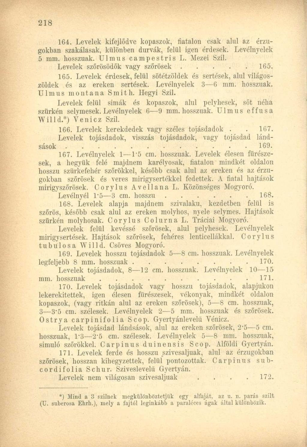 164. Levelek kifejlődve kopaszok, fiatalon csak alul az érzugokban szakálasak, különben durvák, felül igen érdesek. Levélnyelek 5 mm. hosszúak. Ulmus campestris L. Mezei Szil.
