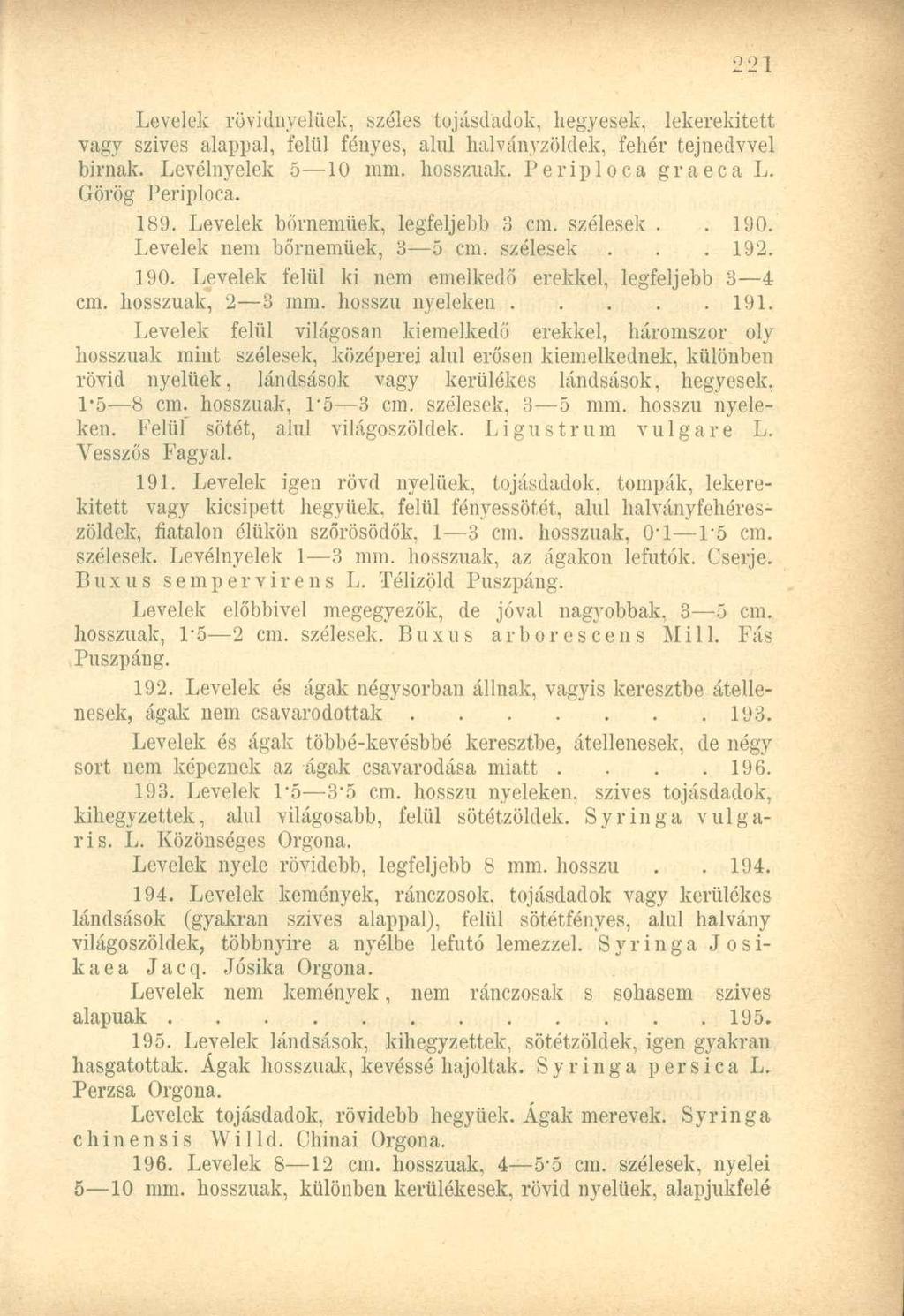 Levelek rövidnyelüek, széles tojásdadok, hegyesek, lekerekített vagy szives alappal, felül fényes, alul halványzöldek, fehér tejnedvvel birnak. Levélnyelek 5 10 mm. hosszúak. Periploca graeca L.