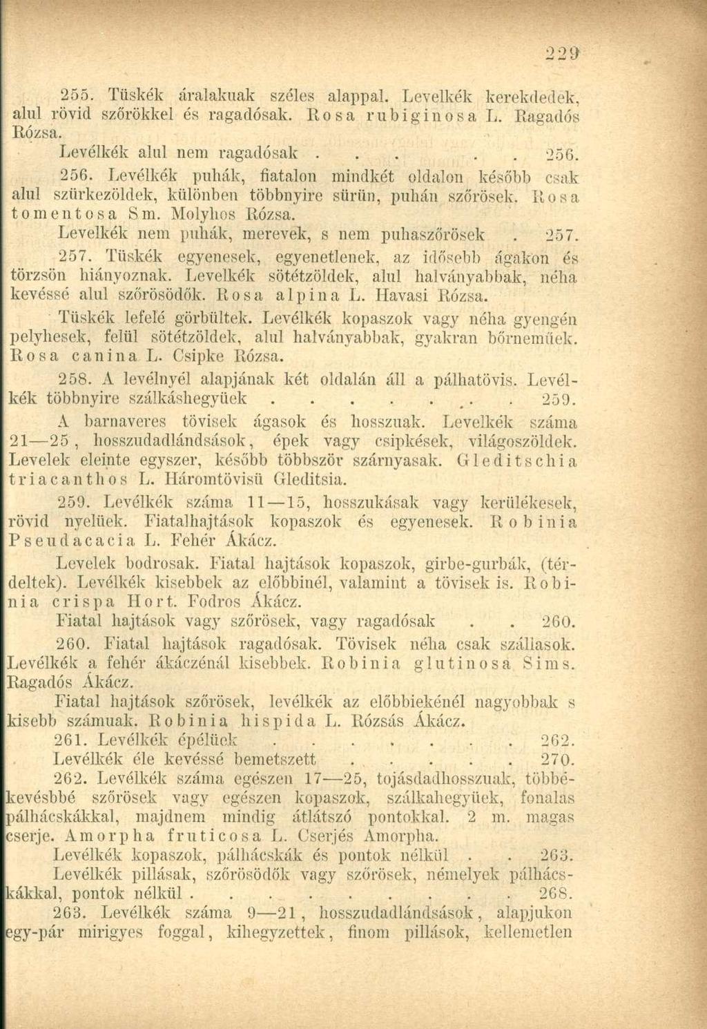 255. Tüskék araiaknak széles alappal. Levélkék kerekdedek, alul rövid szőrökkel és ragadósak, Rosa rubiginosa L. Ragadós Rózsa. Levélkék alul nem ragadósak..... 256.