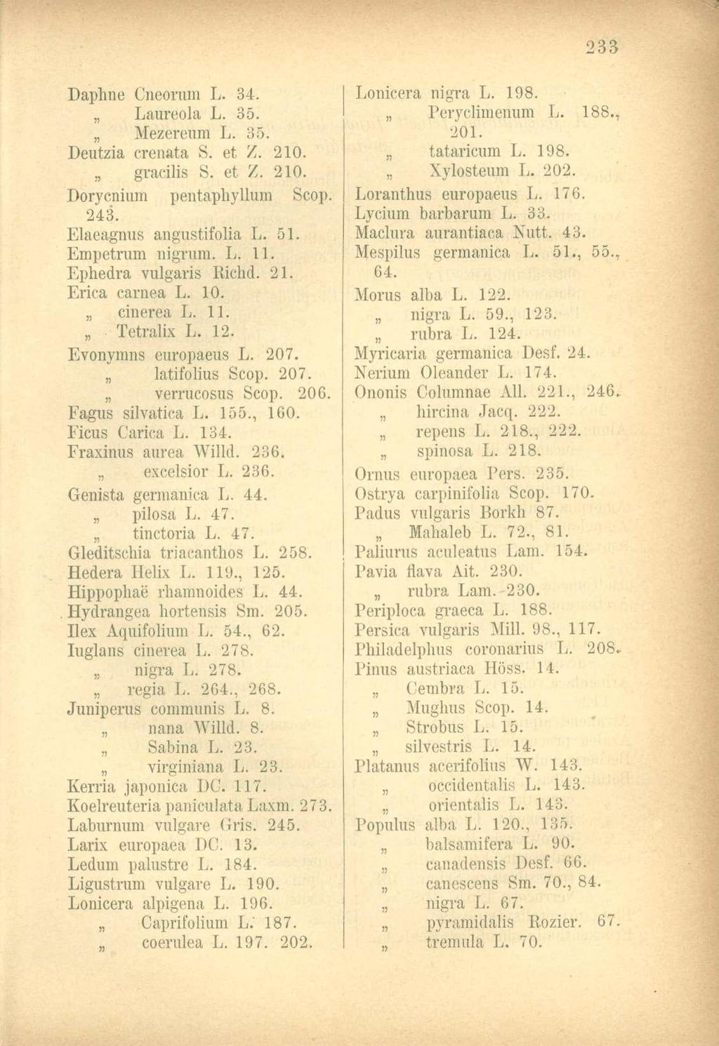 Daphne Cneonun L. 34. Laureola L. 35. Mezereum L. 35. Deutzia crenata S. et Z. 210. gracilis S. et Z. 210. Dorycnium pentaphyllum Scop. 243. Elaeagnus angustifolia L. 51. Empetrum nigrum. L. 11.