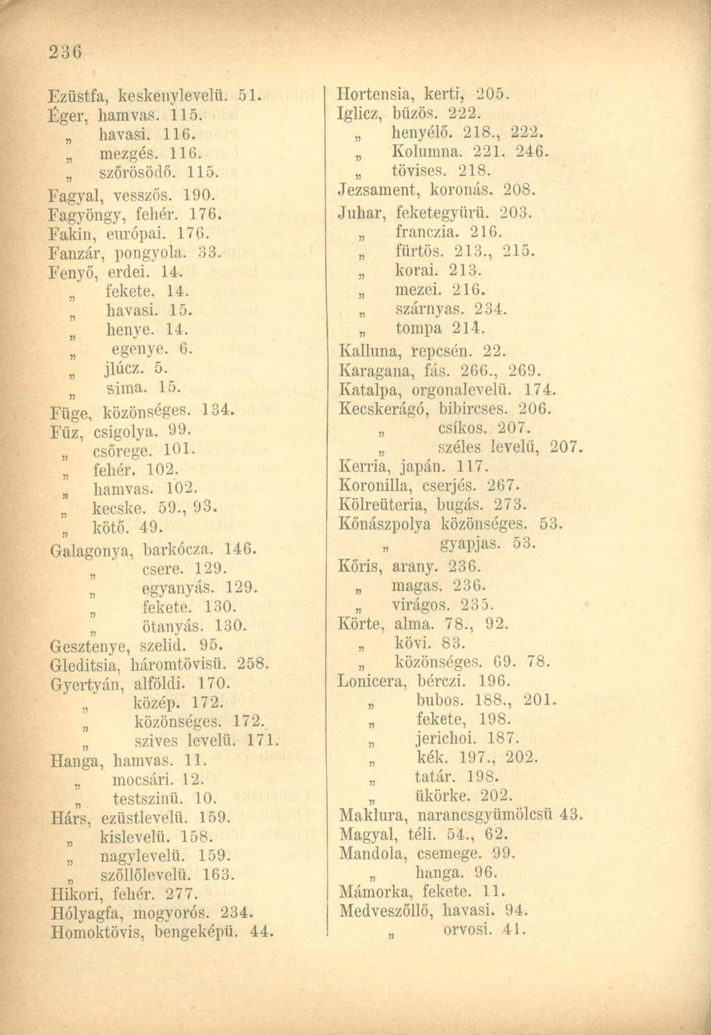Ezüstfa, keskenylevelü. 51. Eger, hamvas. 115. havasi. 116. mezgés. 116. szőrösödő. 115. Fagyai, vesszős. 190. Fagyöngy, fehér. 176. Fakin, európai. 176. Fanzár, pongyola. 33. Fenyő, erdei. 14.