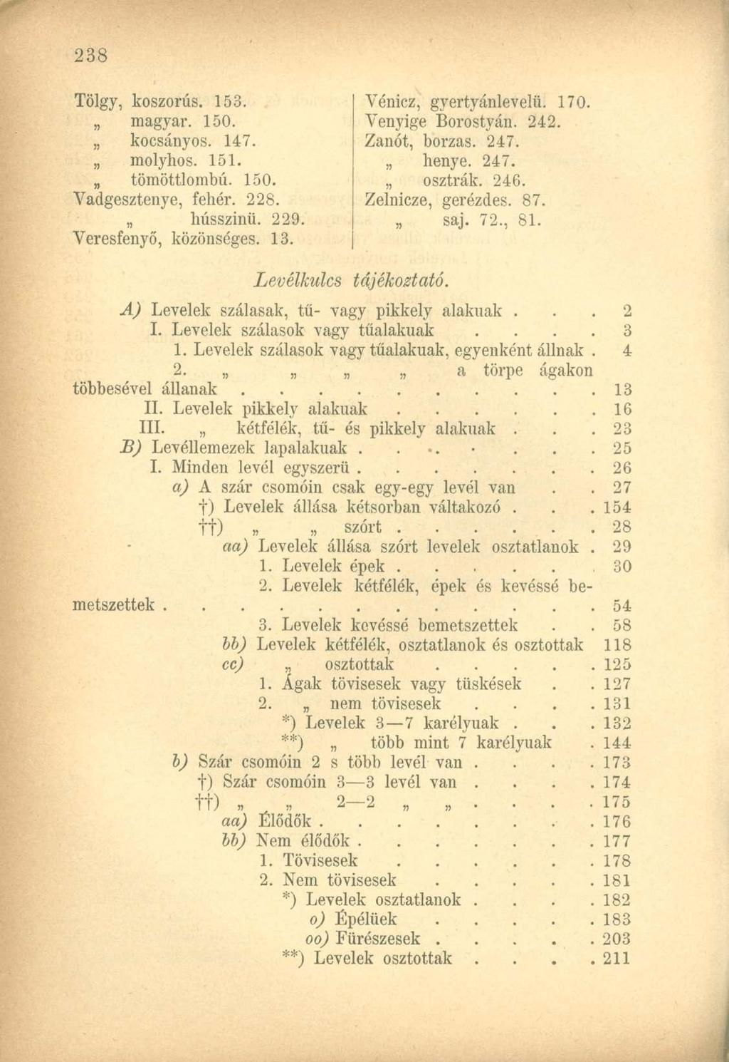 Tölgy, koszorús. 153. magyar. 150. kocsányos. 147. molyhos. 151.,, tömöttlombú. 150. Vadgesztenye, fehér. 228. hússzínű. 229. Veresfenyő, közönséges. 13. Vénicz, gyertyánlevelü. 170.