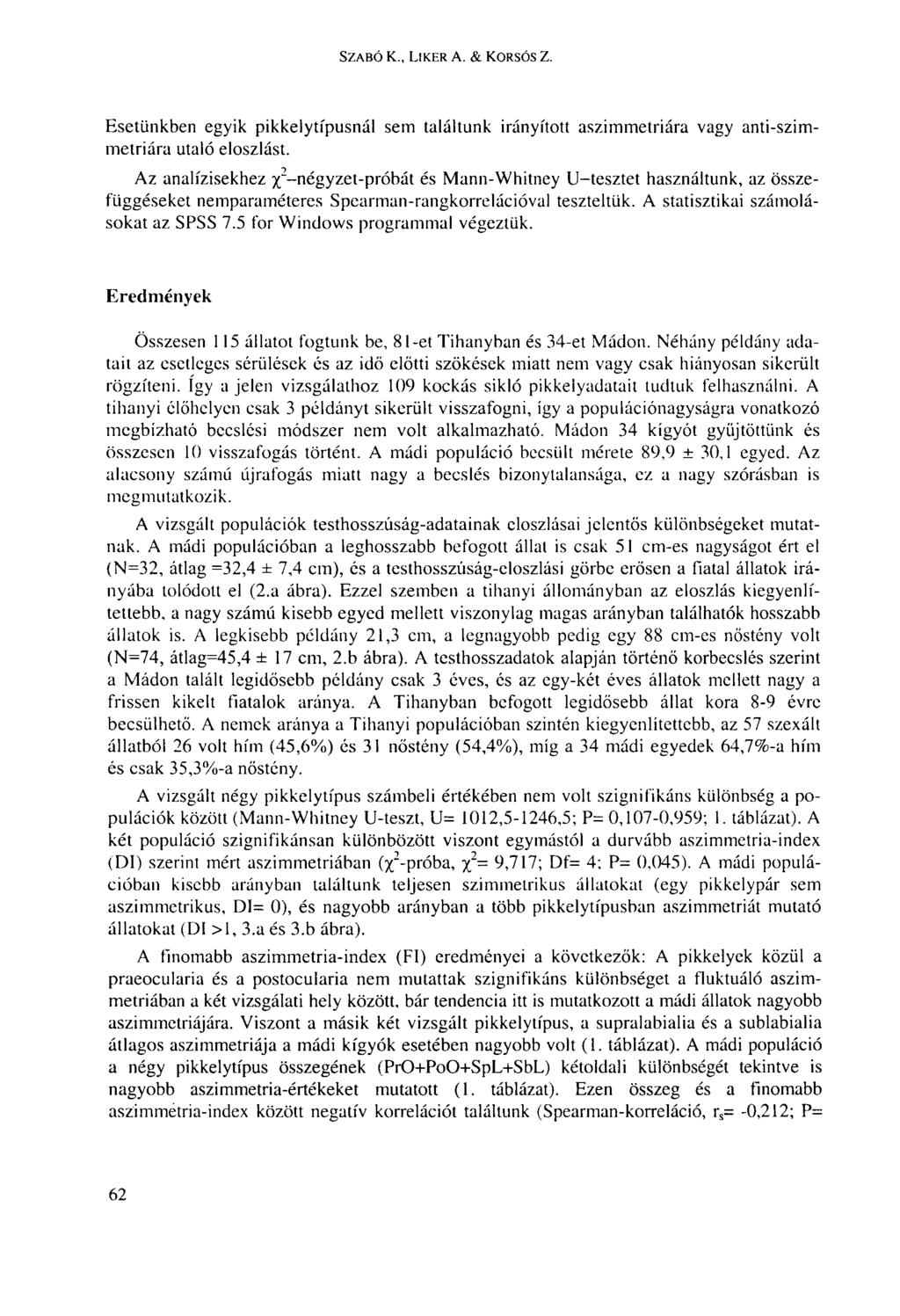 SZABÓ К., LIKER А. & KORSÓS Z. Esetünkben egyik pikkelytípusnál sem találtunk irányított aszimmetriára vagy anti-szimmetriára utaló eloszlást.