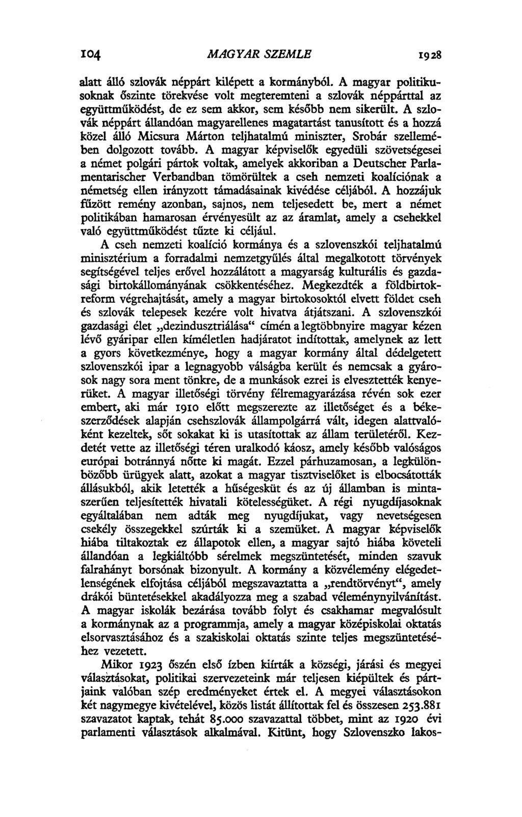 7 6 MAGYAR SZEMLE 1928 alatt álló szlovák néppárt kilépett a kormányból.