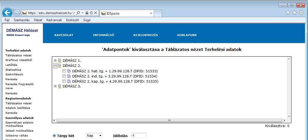 3.2.1. Terhelési adatok táblázata A Táblázatos nézet funkció kiválasztása után megjelenik a mérési pontok kiválasztó oldala.