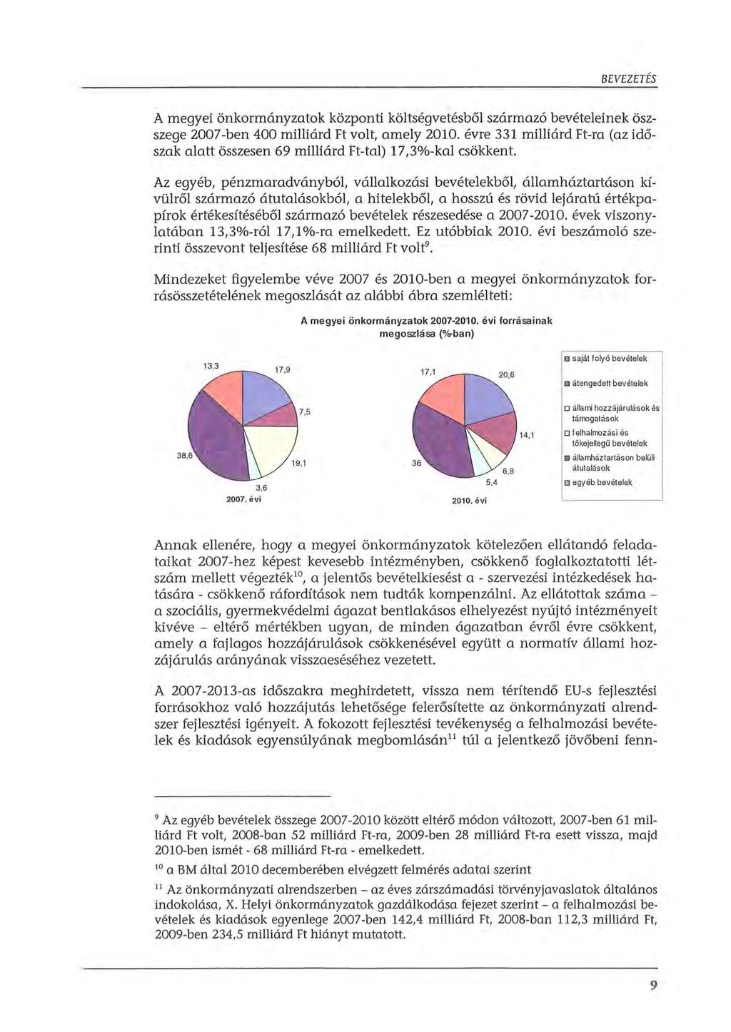 BEVEZETÉS A megyei önkrmányzatk közpnti költségvetésből származó bevételeinek öszszege 2007-ben 400 milliárd Ft vlt, amely 2010.