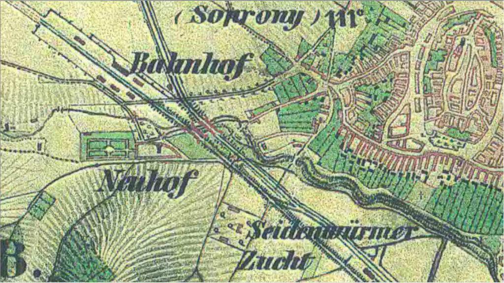 ábra: Kataszteri vármegyetérkép (Győr, Moson és Sopron megyék kataszteri térképei 1856-1857, Arcanum) 4. ábra: A soproni Neuhof kert a II.