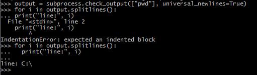 output = subprocess.check_output(["ls", "-l"], universal_newlines=true) for i in output.