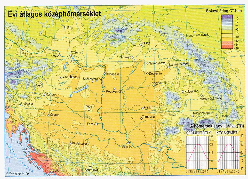 AZ ÉGHAJLATI VISZONYOK TÉR- ÉS IDİBELI JELLEMZİI 2.1.6. ábra. Az évi középhımérsékletek Közép-Európában (Földi környezetünk atlasza 2004; a Cartographia Tankönyvkiadó Kft.