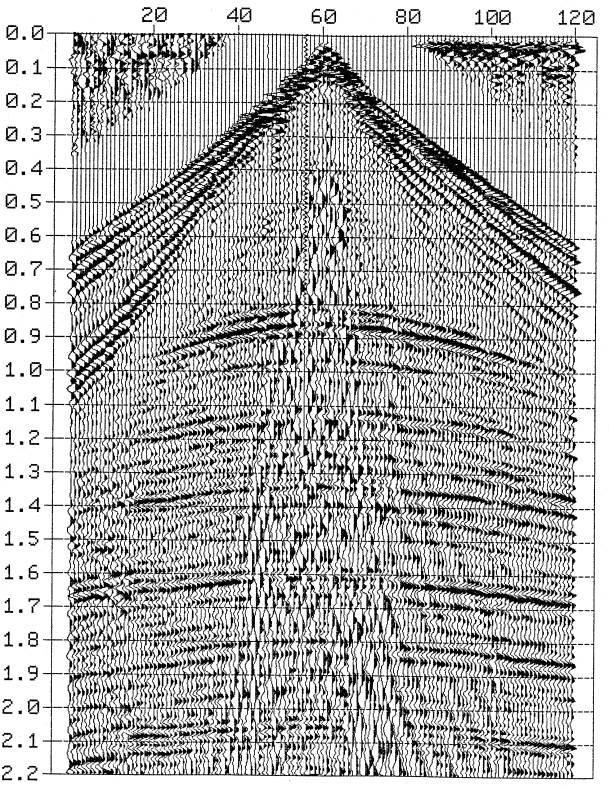 Szimmetrikus geofon terítéssel készült szeizmogram A vízszintes tengelyen a mérési vonal menti távolság, vagy a geofonokhoz rendelt csatornák sorszáma jelenik meg.