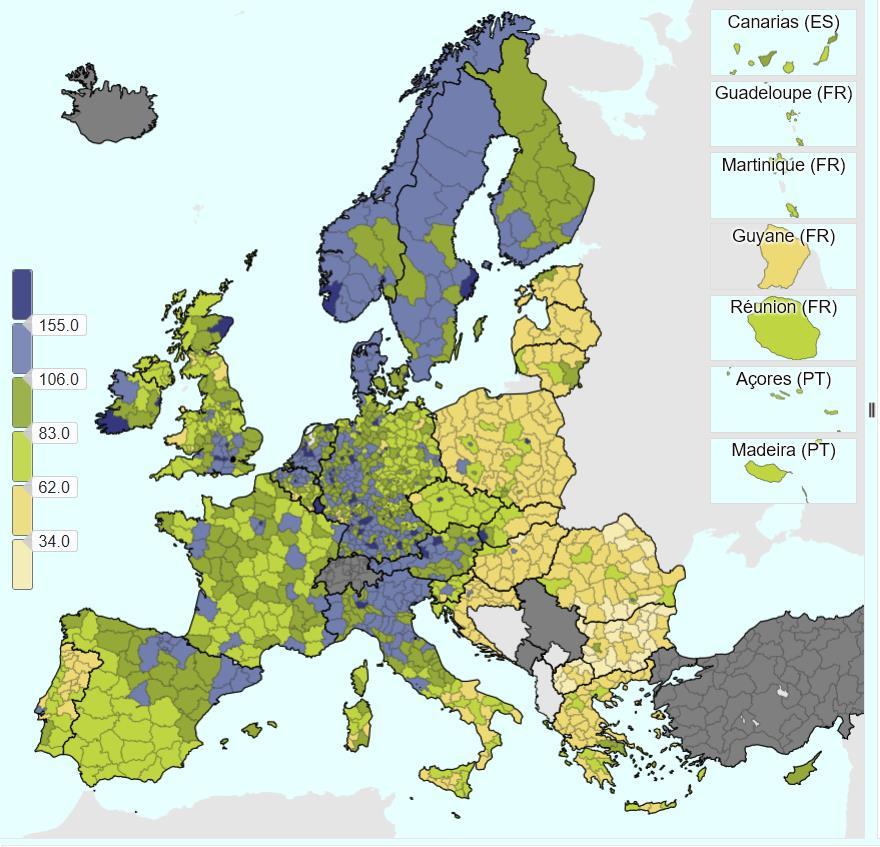 32. ábra: Egy főre jutó bruttó hazai termék (GDP) vásárlóerő-egységben (PPS) kifejezve, NUTS 3 régiónként, (az EU-28 átlagának %-a, EU-28 = 100) Forrás: EUROSTAT, 2015 A 32.