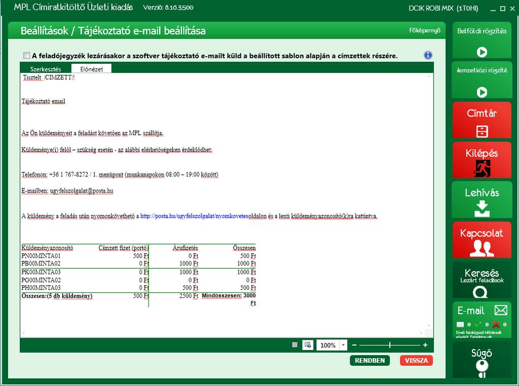 Oldal: 26 / 90 27. ábra: Tájékoztató e-mail beállítása - előnézet 5.