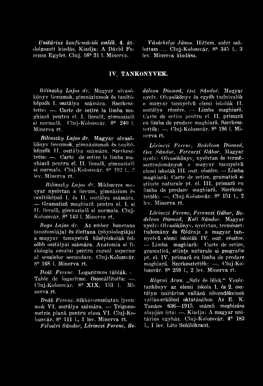 Unitárius konfirmációi emlék. 4. átdolgozott kiadás. Kiadja: A Dávid Ferencz gylet. Cluj. 16 31 I. inerva. Vásárhelyi János. Hittem, azért szólottam... Cluj-Kolozsvár. 8» 345 I., 3 lev.